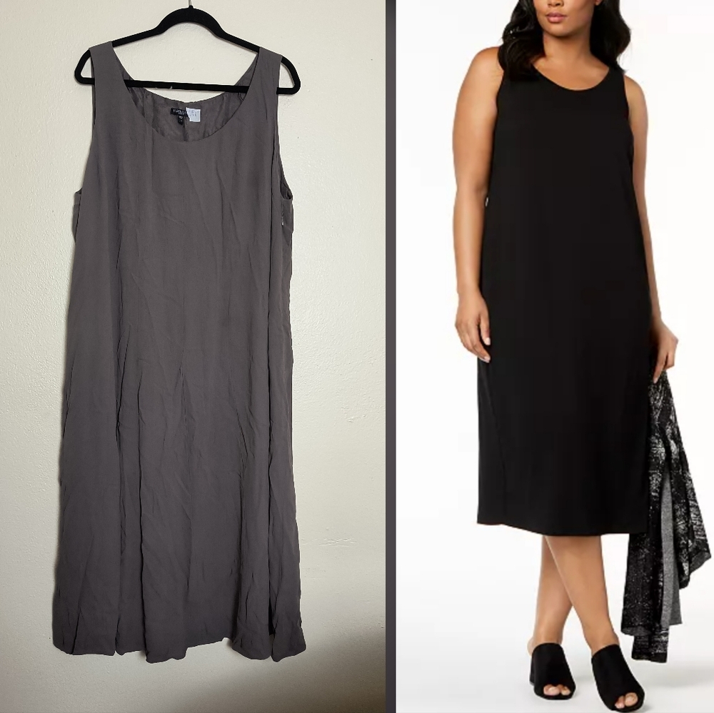 Eileen Fisher 2X Silk Taupe Sleeveless Midi A-line Silhouette Dress
